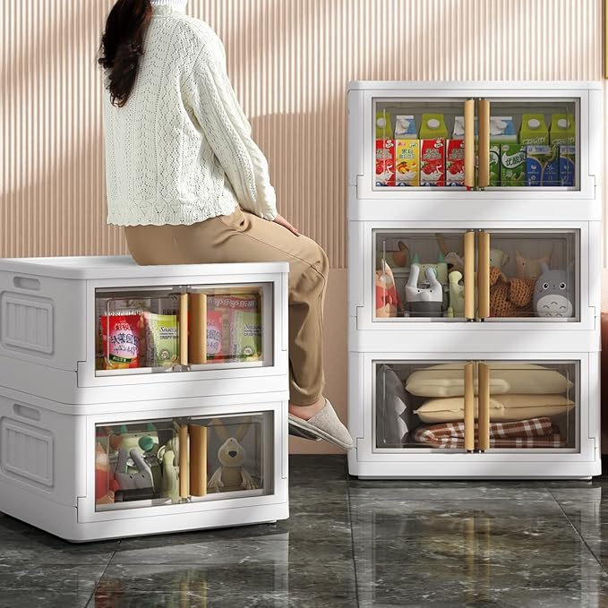 KHNR Storage Bins with Lids,78 Quart Plastic White Closet Organizers and Storage,4 Packs Stackable Bins with Wheels,Dual Open Collapsible Storage Bins for Home and Office