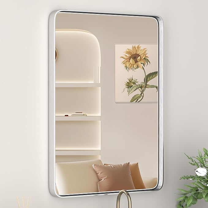 26X34 Inch Brushed Nickel Bathroom Mirror for Wall, Brushed Silver Metal Framed Mirror, Rounded Rectangle Silver Bathroom Mirrors, Tempered Glass, Anti-Rust, Hangs Horizontally or Vertically