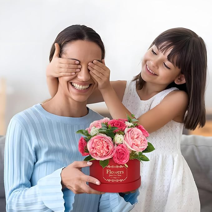 Hollyone Red Pink Artificial Peonies Roses in Vase Round Gift Boxes with Fake Flowers Arrangements Faux Flowers Floral in Box Vase for Her Mothers' Day Valentine's Day Christmas Birthday Gift