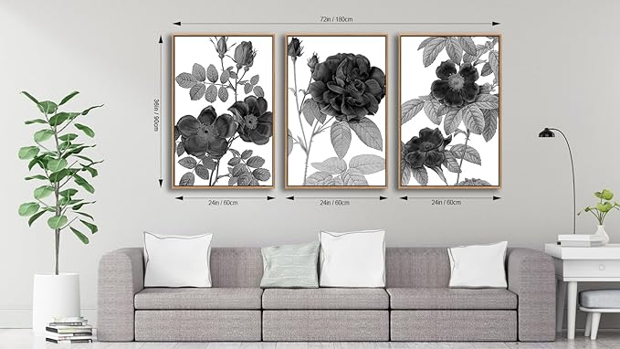 Large Framed Canvas Wall Art - Natural Float Framed Black Gray Flowers Pictures Decor Simple Blossom Leaves Botanical Artwork for Living Room Bedroom Kitchen Home Office Decoration 72" X 36" Set of 3