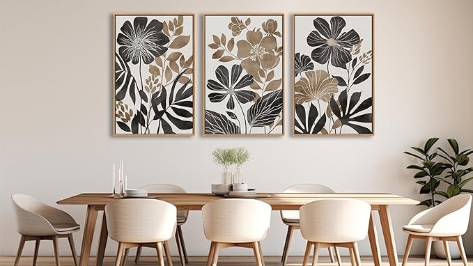 Large Framed Canvas Wall Art - Natural Float Framed Rustic Black Flowers Leaves Pictures Decor Brown Floral Foliage Artwork for Bedroom Living Room Kitchen Home Office Decoration 72" X 36" Set of 3