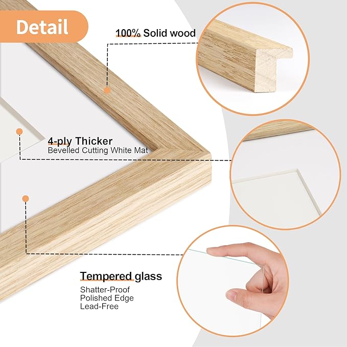 11x14 Picture Frame with Mat for 8x10, Natural Solid Oak Wood 11x14 Frame with Tempered Glass for Wall Mounting(Single,Oak)