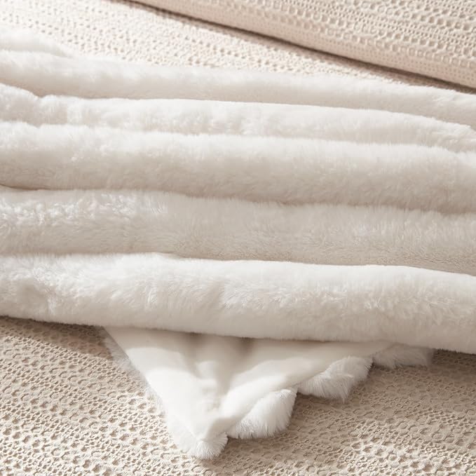 WDCOZY Faux Fur Throw Blanket Striped Super Soft Cozy Fluffy Luxurious Blankets Couch Bed Sofa Chair Home Decor Warm Furry Fall Winter Plush Lightweight Rabbit Fur Bubble Blanket 50" x 60", Ivory