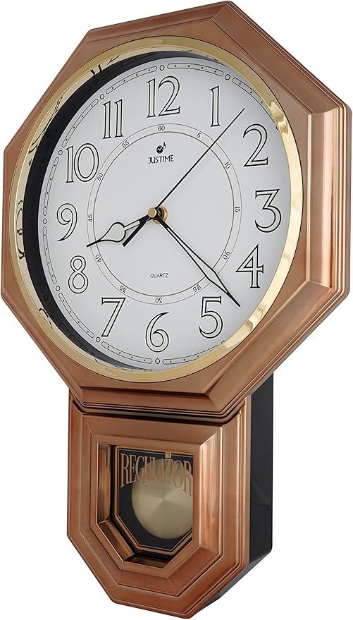 JUSTIME Traditional Schoolhouse Luminious Arabic Regulator Wall Clock, Chiming Wall Clocks with Pendulum & Westminster Chime Hourly, Schoolhouse Wall Decor Battery Operated (Vintage Copper)