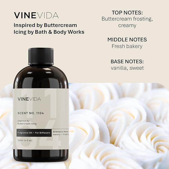 VINEVIDA [4 Fl Oz] Scent NO. 1104 Fragrance Oil for Cold Air Diffusers, Aromatic Notes of Buttercream Frosting, Creamy & Fresh Bakery Essential Oils for Diffuser Oil Refill & Air Freshener Room Spray