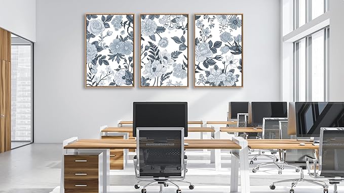 Large Framed Canvas Wall Art - Natural Float Framed Rustic Grey White Flowers Pictures Decor Gray Blue Leaves Artwork Prints for Bedroom Living Room Kitchen Home Office Decoration 60" X 28" Set of 3