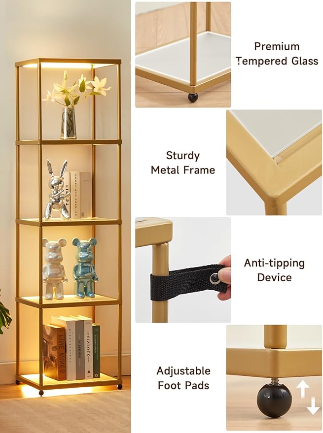 MANBUR Display Shelf with Dimmable LED Floor Lamp, Display Cabinet with Glass Bookcase, Home Decor, Bedroom Decor, Bookshelf with Light, Open Book Shelf with 5-Tier Shelf for Living Room Decor Gold