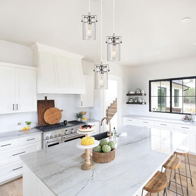 Pendant Lighting for Kitchen Island, Modern Glass Pendant Light Linear Chandelier for Dining Room Industrial 3 Light Hanging Light Fixture Adjustable Cord Farmhouse Ceiling Light Brushed Nickel Finish
