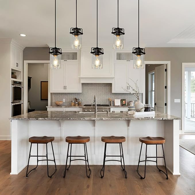 Pendant Light Kitchen Island Lighting, 5-Light Pendant Ceiling Light Fixture, 67.71 inches Hanging with Clear Glass Shade,Farmhouse Chandeliers for Dining Room Bedroom Hallway - Black