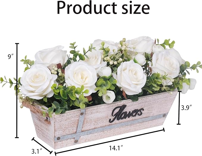 Centerpiece Table Decorations Rustic Wood Tray with 3 Artificial White Rose Flowers and Fake Eucalyptus for Dining Room Farmhouse Living Room Kitchen and Coffee Table Décor