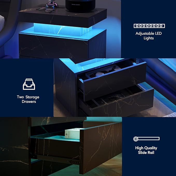 LED Nightstands Set of 2, Modern End Side Table with 2 Drawers, LED Bedroom Furniture for Bedroom and Living Room, Black Marble Pattern