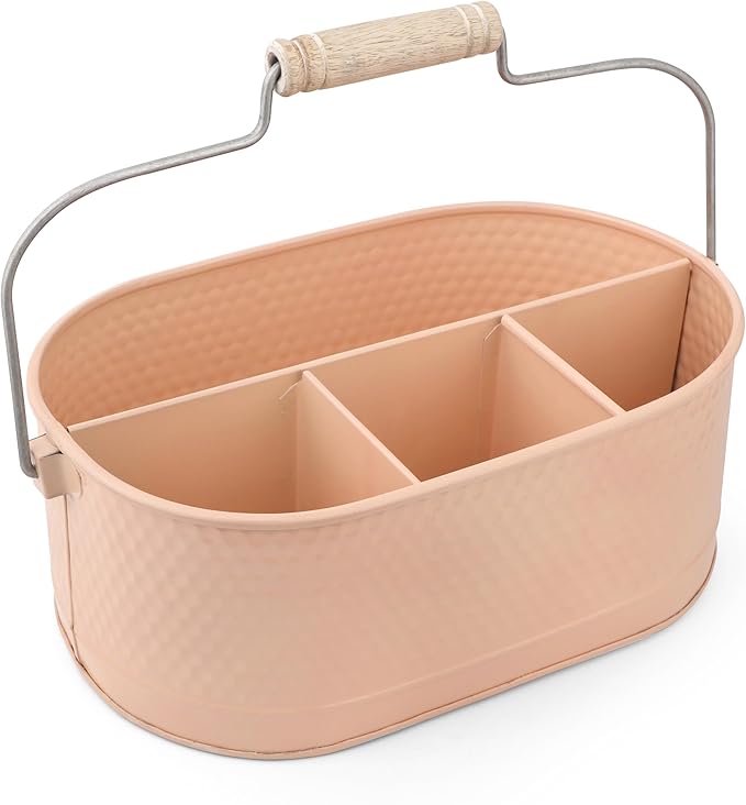 Alpha Living Home Heavu Duty Metal Utensil Caddy – 4-Compartment Silverware, Flatware, Cutlery Holder with Handle – Kitchen Organizer for Countertop, Buffet, Picnic, BBQ, Farmhouse(Peach)