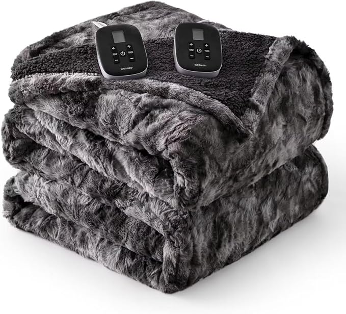 WOOMER Heated Blanket Queen Size, Dual Control, Electric Blanket 84"x 90", Double-Sided Faux Fur&Sherpa, Overheat Protection, 10 Heating Levels & 12H Auto Off, CPF, Home Office