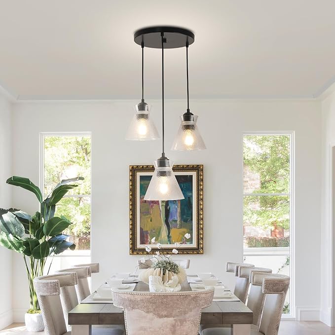 Industrial Farmhouse Hanging Pendant Lighting for Kitchen Island Black Brushed Glass Pendant Light Linear Chandelier Farmhouse Hanging Light Fixtures