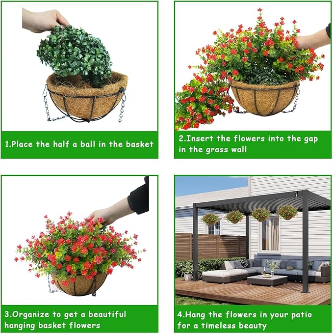 Artificial Hanging Flowers Basket, 12 UV-Resistant Bundles of Realistic Fake Flowers, Faux Plants for Outdoor Decor, Home, Garden, Porch, Patio, Spring & Summer Decorations, Red