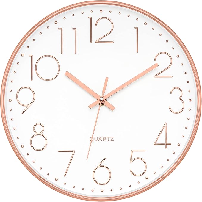 Foxtop Modern Wall Clock 12 Inch Non-Ticking Silent Battery Operated Round Quartz Rose Gold Wall Clock for Office Bedroom Living Room Kitchen Home School Decor