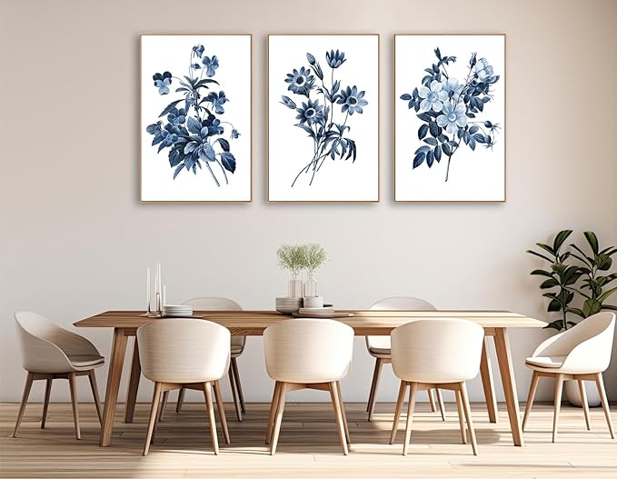 Large Framed Canvas Wall Art - Natural Float Framed Indigo Flowers Picturtes for Living Room Decor Retro Blue Floral Botanical Artwork Plants for Bedroom Kitchen Home Office Decor 72" X 36" Set of 3