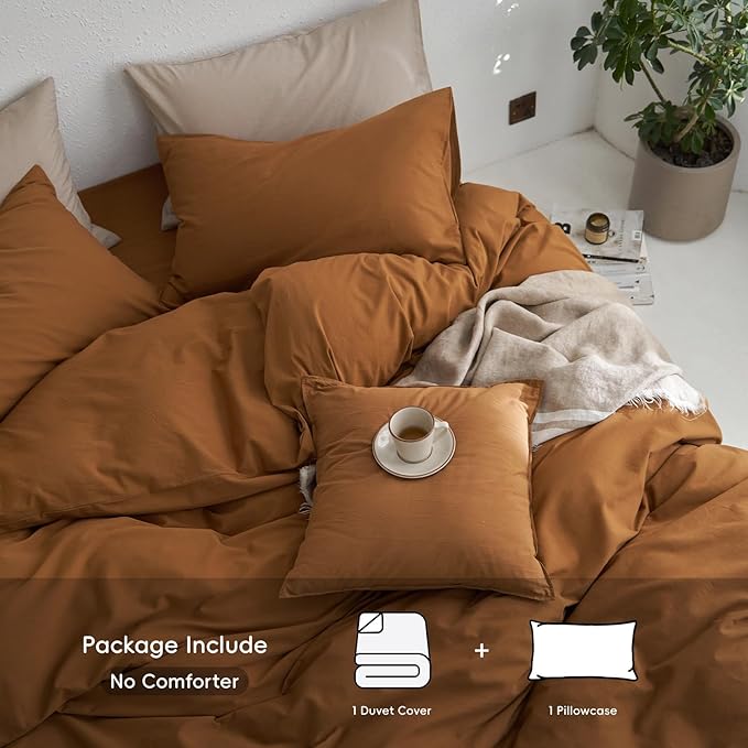 MooMee Twin Duvet Cover Set, 100% Washed Cotton Linen Like Twill Thick Sturdy Material Super Soft Breathable Durable Bedding for All Season, 2 Pieces (Dark Orange, Twin 68"x90")