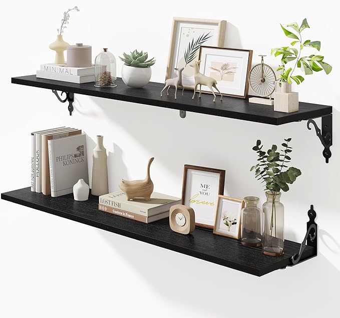 Fun Memories 36 Inches Floating Shelves, Rustic Long Wall Shelves, 8 Inch Deep Book Shelf Wall Mounted with Bracket, Wide Display & Storage Shelves for Living Room, Bathroom, Bedroom, Black, Set of 2
