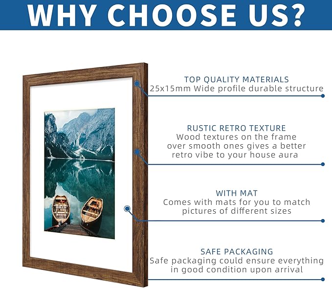 A3 Frame Set of 2, Rustic Brown Wood Style - Display Pictures A4 with Mat or 11.7x16.5 without Mat, Wall Mounting Horizontal and Vertical
