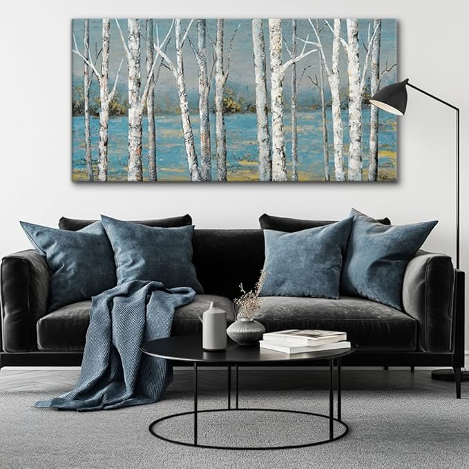 Country Birch Woods Wall Art for Living Room Office Navy Blue Forest Canvas Painting Prints Rustic Artwork Dining Room Bedroom Decor (20x40 Inches)