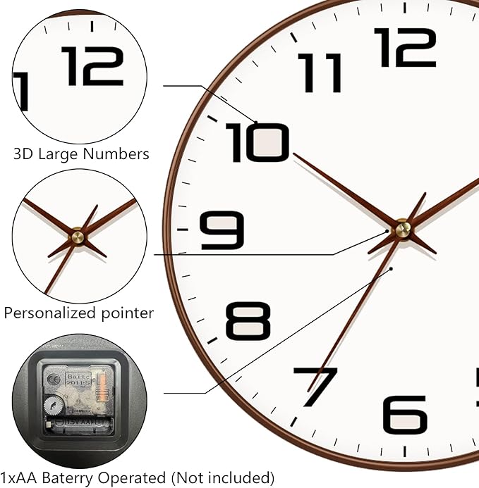 Woodgrain Wall Clock–Silent Non-Ticking Wall Clocks Battery Operated 8 Inch, Large Easy-to-Read Numbers Modern Modern Analog Clock for Bedroom Living Room Kitchen Office Gym (Brown)