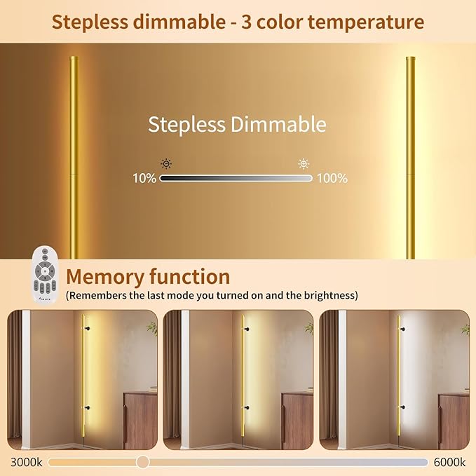 58.2" inch Gold Corner Lamp, Plug in Corner Light with Remote, Minimalist Modern Long Wall Light, Dimmable Living Room Wall Lights, Space-Saving LED CornerLamp for Living Room, 1 Pack
