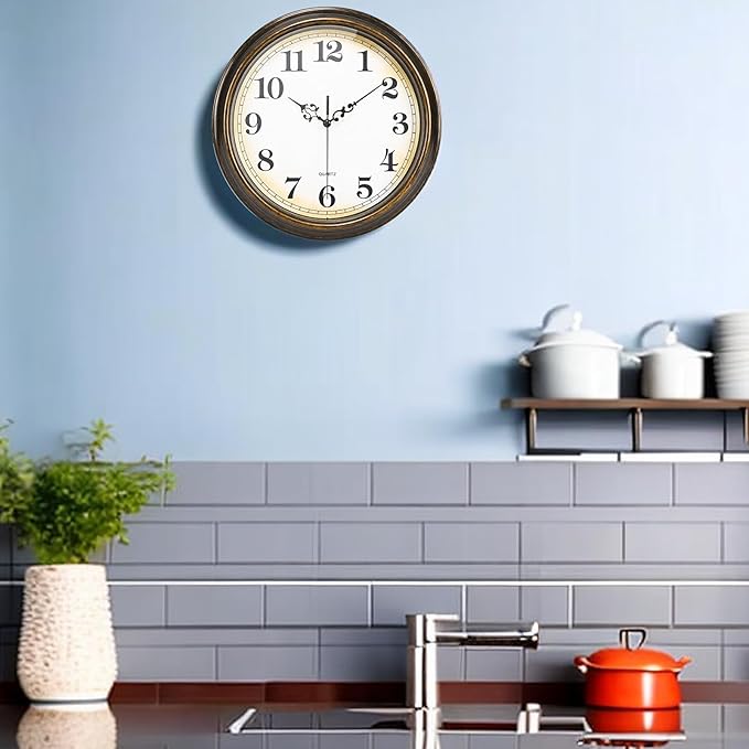 Wall Clock Battery Operated Silent Non-Ticking Vintage Wall Clocks for Kitchen, School, Living Room (12Inch, Bronze)