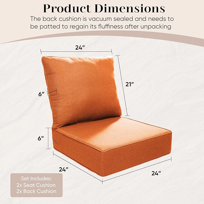 Outdoor Seat Cushion Set-24 x 24 x 6 Inch Outdoor Chair Cushions Set of 2 with Water Resistant & Removable Cover Outdoor Cushions for Patio Furniture Chair Sofa Couch-Orange