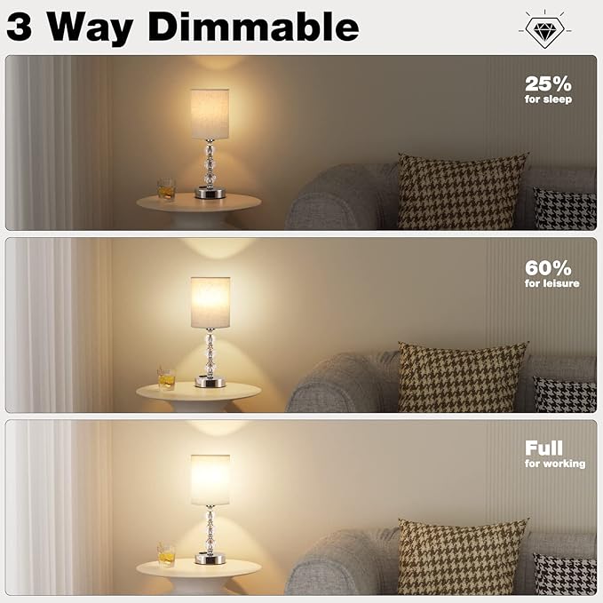 White Touch Bedside Lamps for Bedrooms - Crystal Table Lamp with USB C+A Charging Port and AC Outlet Nightstand, 3 Way Dimmable Silver Small End Side Table Lamp for Living/Guest/Dinning Room/Kitchen