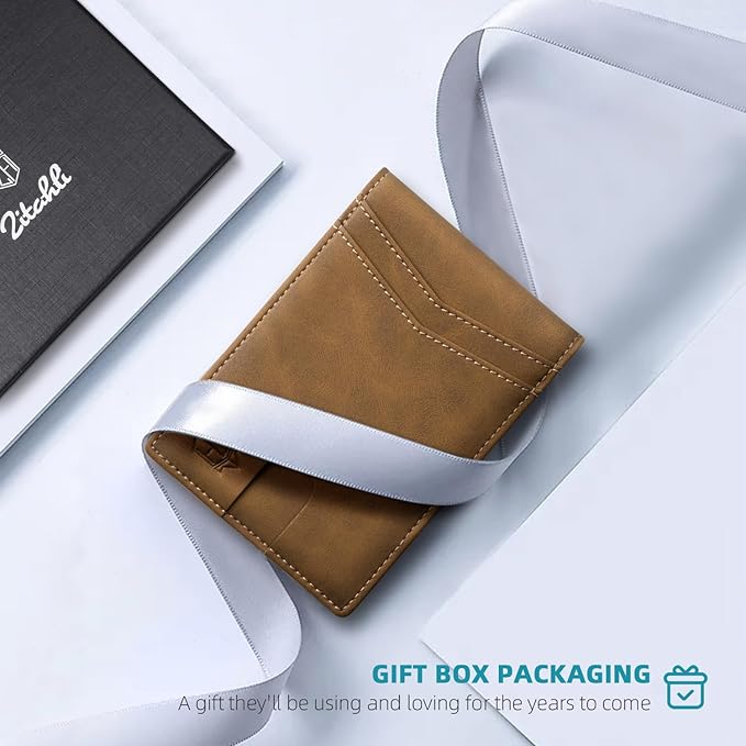 Zitahli Slim Wallet for Men Gifts 12 Card Slots ID Window With Money Clip Minimalist RFID Front Pocket Bifold Leather Small Thin Gift Box Dad Birthday Christmas Regalos Hombres