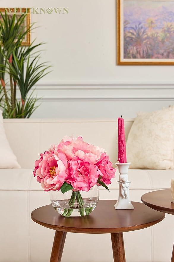 WELL KNOWN Artificial Flowers in Vase, Peonies Artificial Flowers for vase with Faux Water for Coffee Table Decor, Silk Fake Flower Arrangements Peonies Table Centerpieces (Peach Pink)