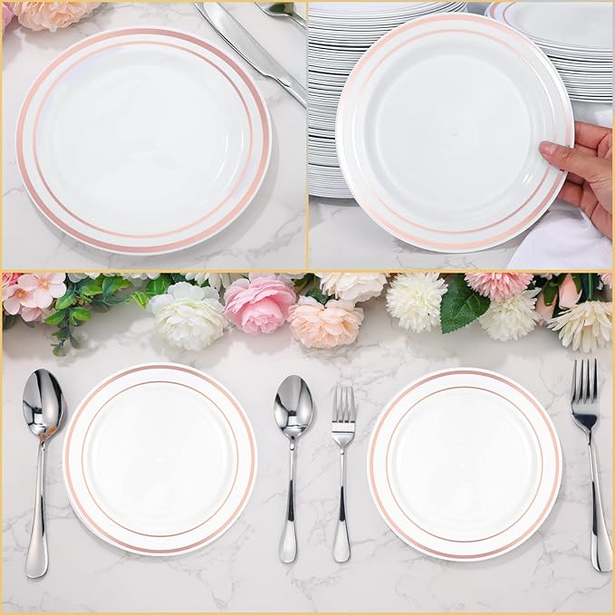 200 Pieces Disposable Plates Plastic Party Plates with Rim Hard Plastic Appetizer Salad Dessert 7.5 Inch Elegant Heavy Duty Tableware for Dinner Wedding Party Supplies(Rose Gold Rim)