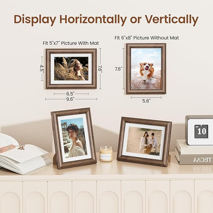 6x8 Picture Frame, USA-Sourced Walnut Wood Frame with Tempered Glass, Display 5x7 with Mat or 6x8 Without Mat, 6 by 8 Photo Frame for Wall & Tabletop Display, Handcrafted Wood Frame, 1 Pack