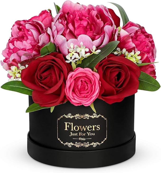 Hollyone Red Artificial Peonies Roses in Vase Round Gift Boxes with Fake Flowers Arrangements Faux Flowers Floral in Box Vase for Her Mothers' Day Valentine's Day Christmas Birthday Graduation Gift