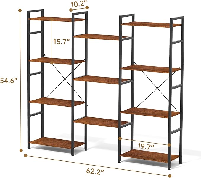 Triple 4 Tier Bookshelf, Tall Book Shelf with 11 Open Display Shelves, Adjustable Industrial Bookcase in Living Room, Bedroom, Wide Metal Bookshelf Book Case for Home & Office, Rustic Brown