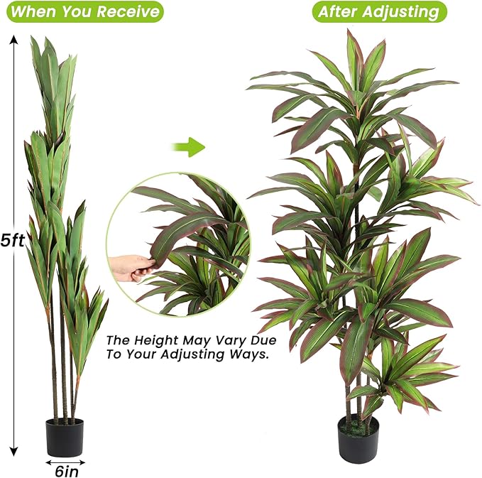 VIAGDO Dracaena Silk Plant Artificial 5ft Faux House Plants with Red Leaf Margin Fake Yucca Palm Trees in Pot Realistic Dragon Tree for Living Room Home Office Decor Indoor Outdoor