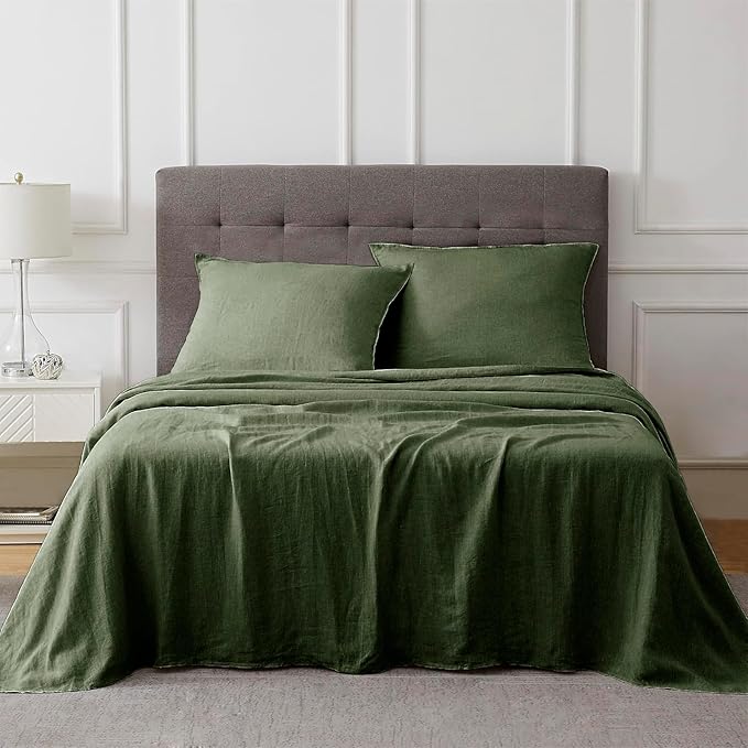 Talasily Linen Sheets-Queen Size Sheets Set,Blend from Linen Cotton Bedsheets,All Seasons Soft Breathable 4 Piece Set-Mossy Green