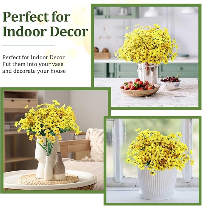 Zeyune 56 Bundles Artificial Flowers Fake UV Resistant for Outdoor Plastic Greenery Shrubs Plants No Fade Faux Flower for Garden Porch Patio Window Wedding Party Decor (Yellow,Bright)