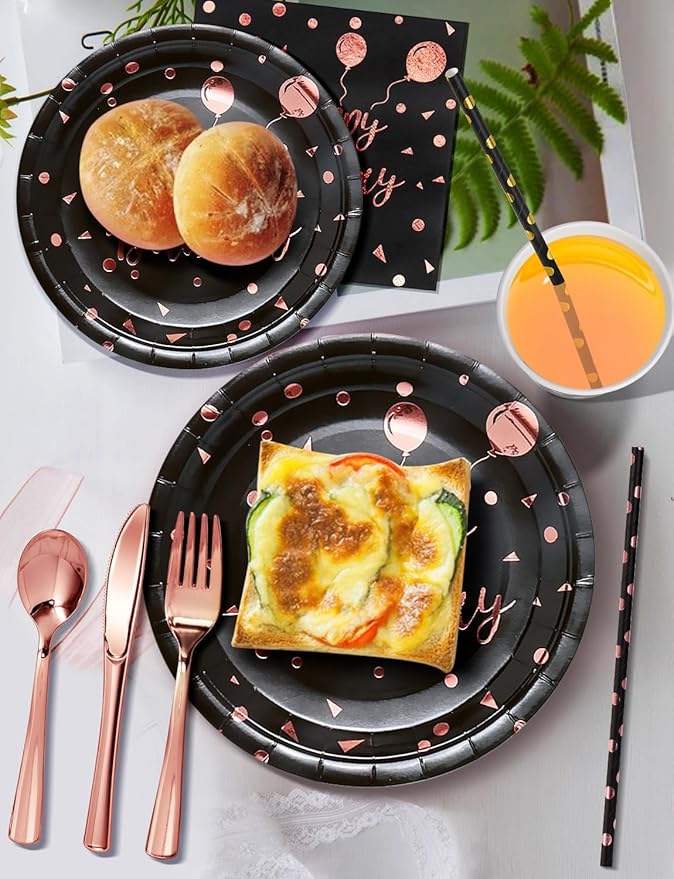Birthday Party Tableware, 161 Pieces Black and Rosegold Party Supplies, Party Dinnerware Sets Include Paper Plates Napkins Cups Silverware, for Shower Engagement Parties Decoration -20 Serves
