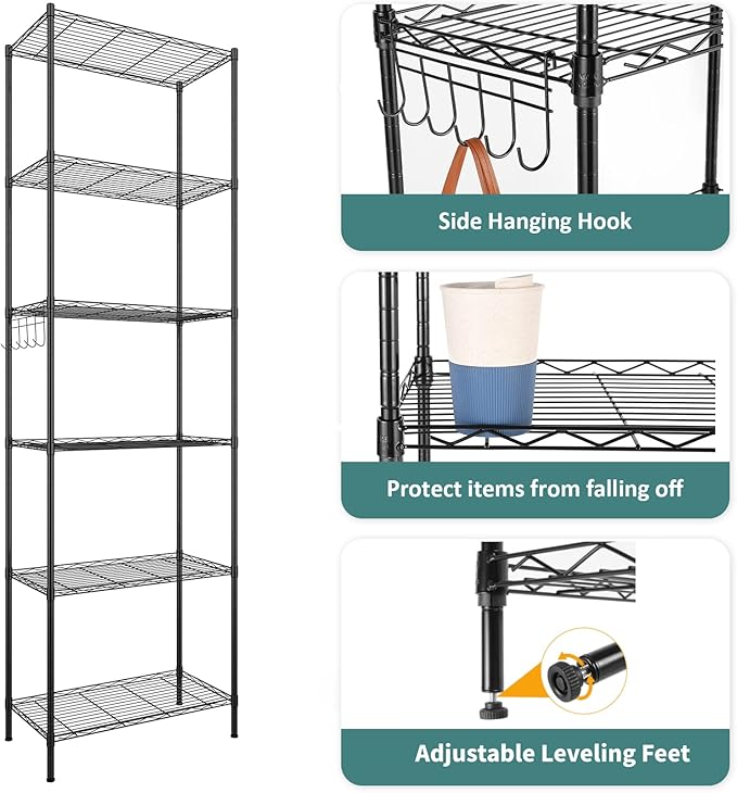 Homdox 6-Tier Storage Shelf Wire Shelving Unit Free Standing Rack Organization Adjustable Leveling Feet, Stainless Side Hooks, Black