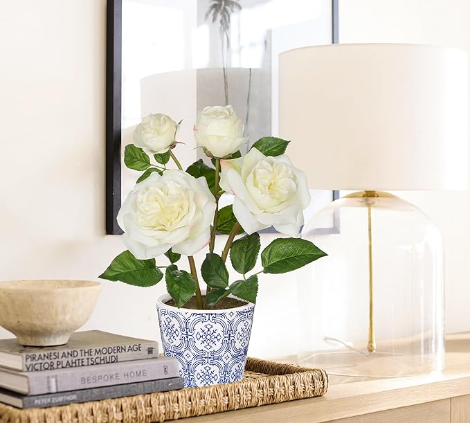 Hollyone White Roses Artificial Flowers in Blue and White Porcelain Vase 13.4" Fake Roses Flower Arrangement Artificial Plants & Flowers Potted Plant Faux Silk Rose Flower with Ceramic Pot Home Decor