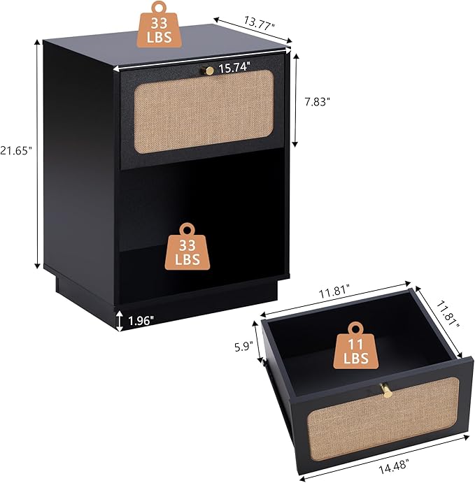 Mid Century Night Stand Set of 2, Modern Nightstand with Drawer & Curved Linen Panel, Farmhouse End Table Wood Bedside Table Small Side Tables for Small Space, Bedroom (Black)