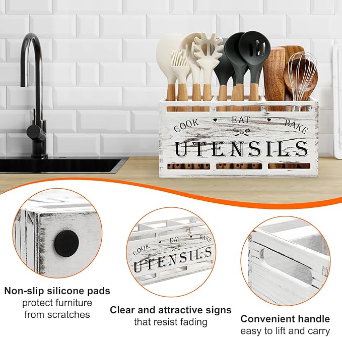 Large Utensil Holder for Kitchen Counter Farmhouse Spatula Holder Cooking Utensil Organizer Cutlery Caddy Spoon Kitchen Tools Holder (Retro White)
