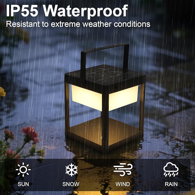 SkyGlow Solar Outdoor Table Lamp, Aluminum IP55 Waterproof LED Lantern Cordless Nightstand Lantern Lights Decorative for Outside Patio Walking Reading Camping