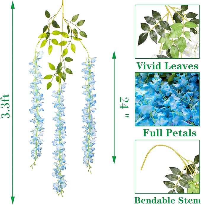 24 Pack Artificial Fake Wisteria Vine Ratta (3.75 Feet) Hanging Garland Silk Flowers String Home Party Wedding Decor (Sky Blue)
