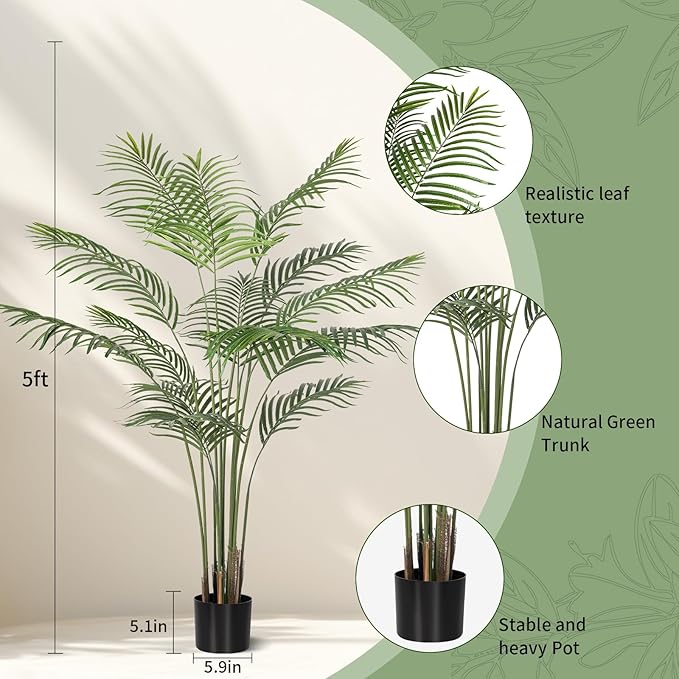Artificial Palm Tree 5ft Tall Fake Palm Tree Indoor Decor Faux Tropical Areca Floor Plant in Pot, Artificial Silk Plant for Home Office Living Room Decor Indoor