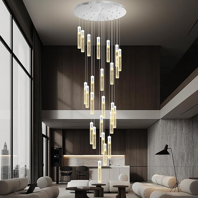 25-Light Silver Modern Crystal Raindrop Chandelier for Foyer Stair Well Entrance 130" Long Crystal Bubble Column Chandelier for Villa High Ceiling Lighting Fixtures LED Lampara, 3000k-6000K