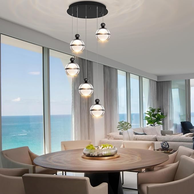 Modern Black Pendant Lighting LED Dimmable Hanging Pendant Light Fixtures Globe Cluster Pendant Lights Kitchen Island for Dining Room Living Room Bedroom Stairs 5 Lights