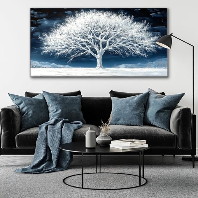 Calming Tree of Life Wall Art for Living Room Office Navy Blue Snow White Canvas Painting Prints Nature Artwork Family Bedroom Decor (20x40 Inches)